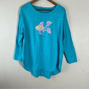 Fresh Produce Oversized Teal 3/4 Sleeve Graphic Fish Alaska Shirt Size Large